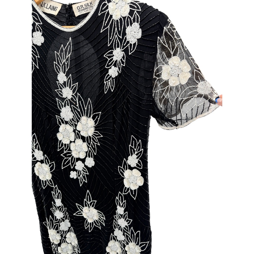 J.K.‎ Laing Vintage Silk Beaded Floral Shift Dress Black White XL Keyhole Back - Picture 4 of 7